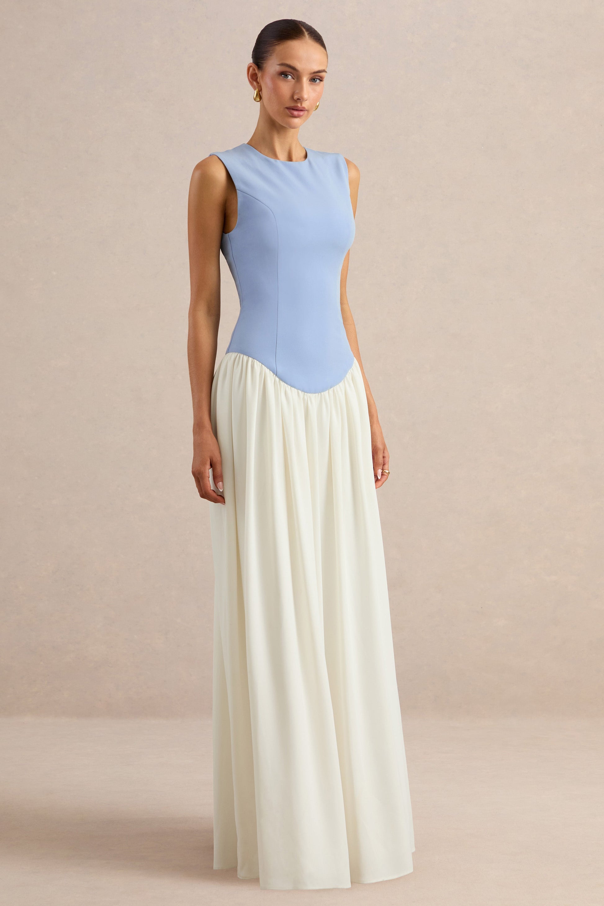 Iliana | Powder Blue And White Crew-Neck Maxi Dress With Drop-Waist And Pleated Skirt