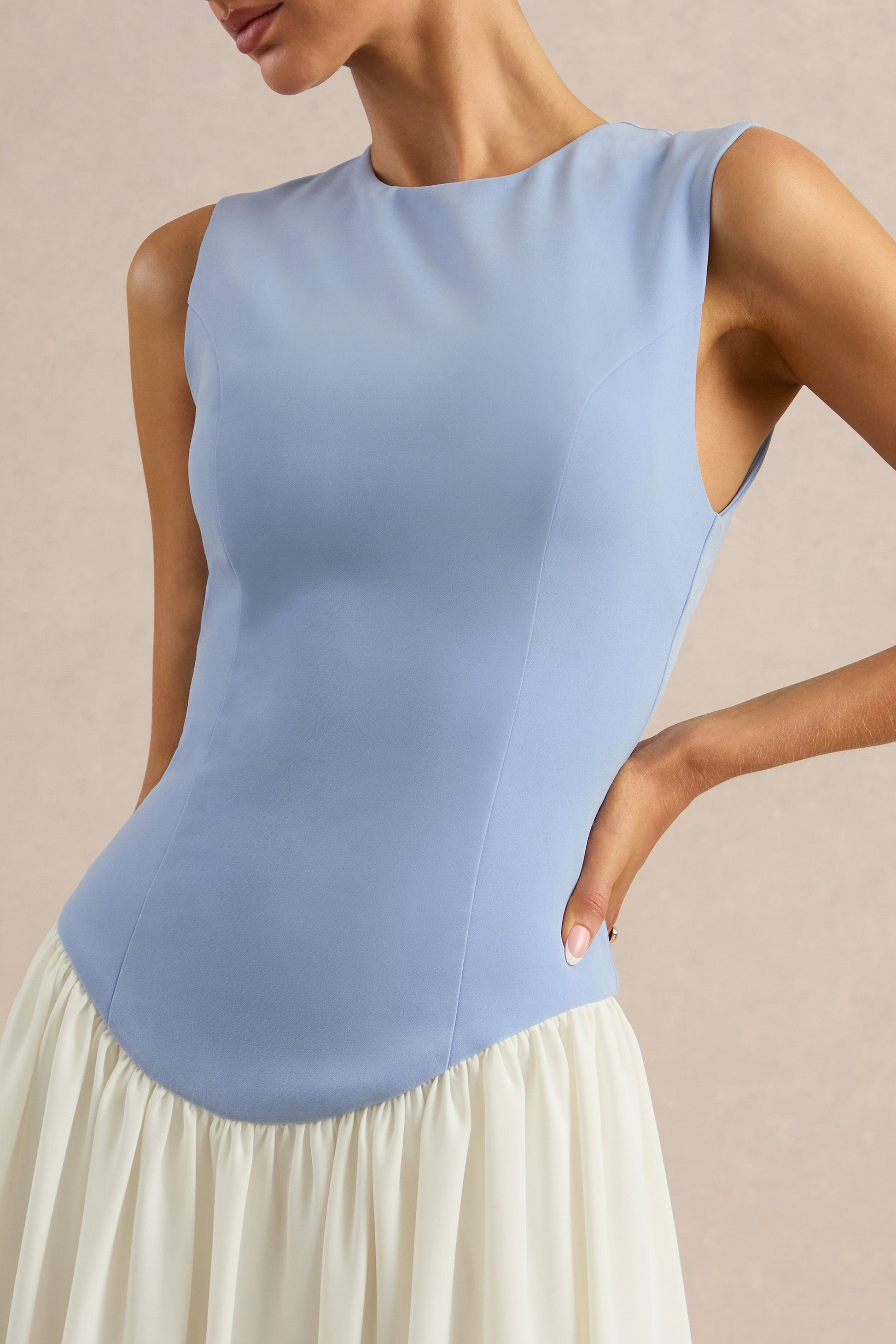 Iliana | Powder Blue And White Crew-Neck Maxi Dress With Drop-Waist And Pleated Skirt