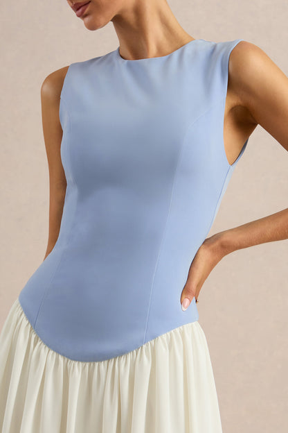 Iliana | Powder Blue And White Crew-Neck Maxi Dress With Drop-Waist And Pleated Skirt