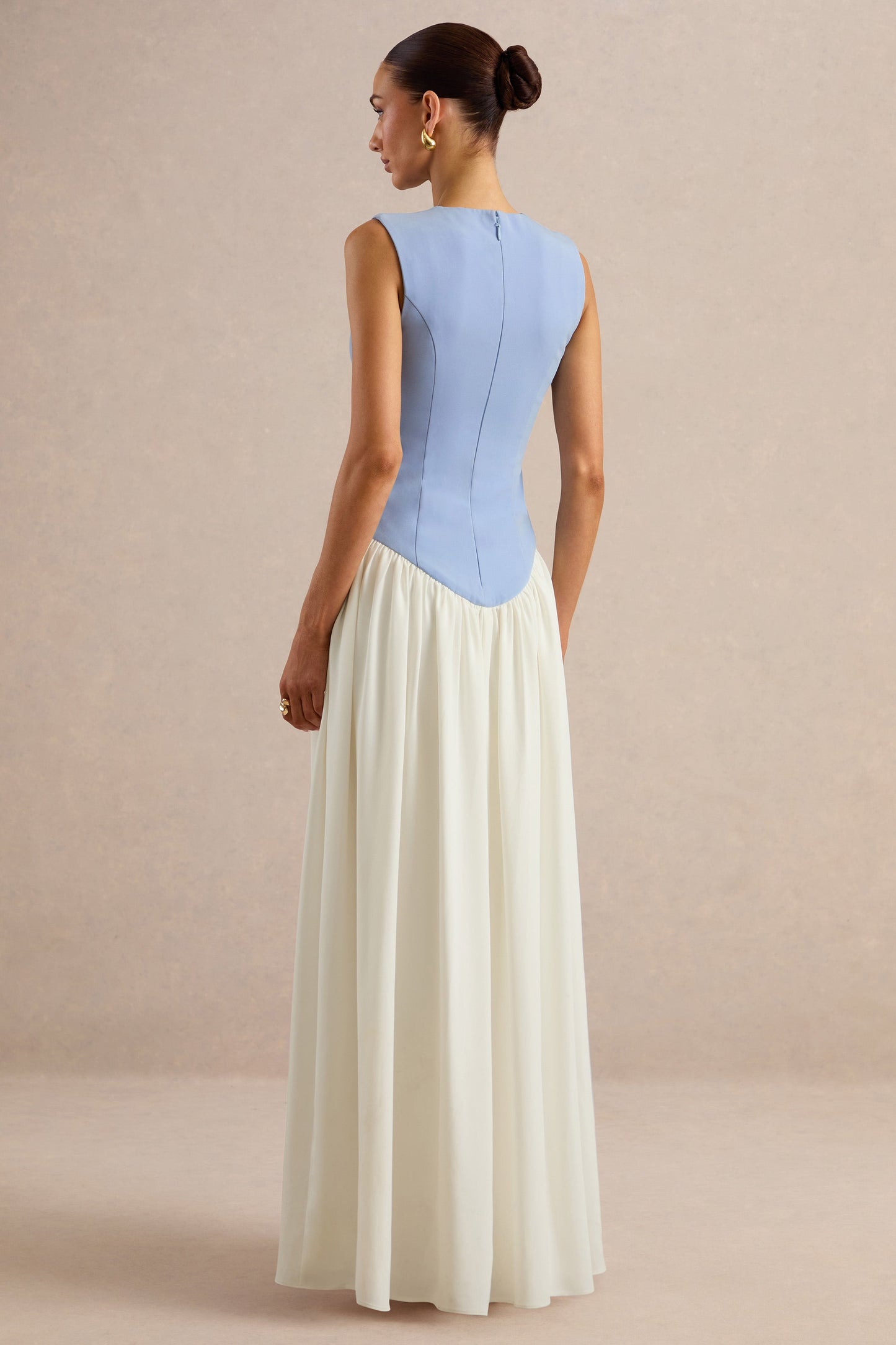 Iliana | Powder Blue And White Crew-Neck Maxi Dress With Drop-Waist And Pleated Skirt