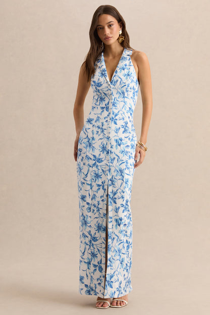 Quinn | Blue Porcelain Print Plunge-Neck Tailored Maxi Dress