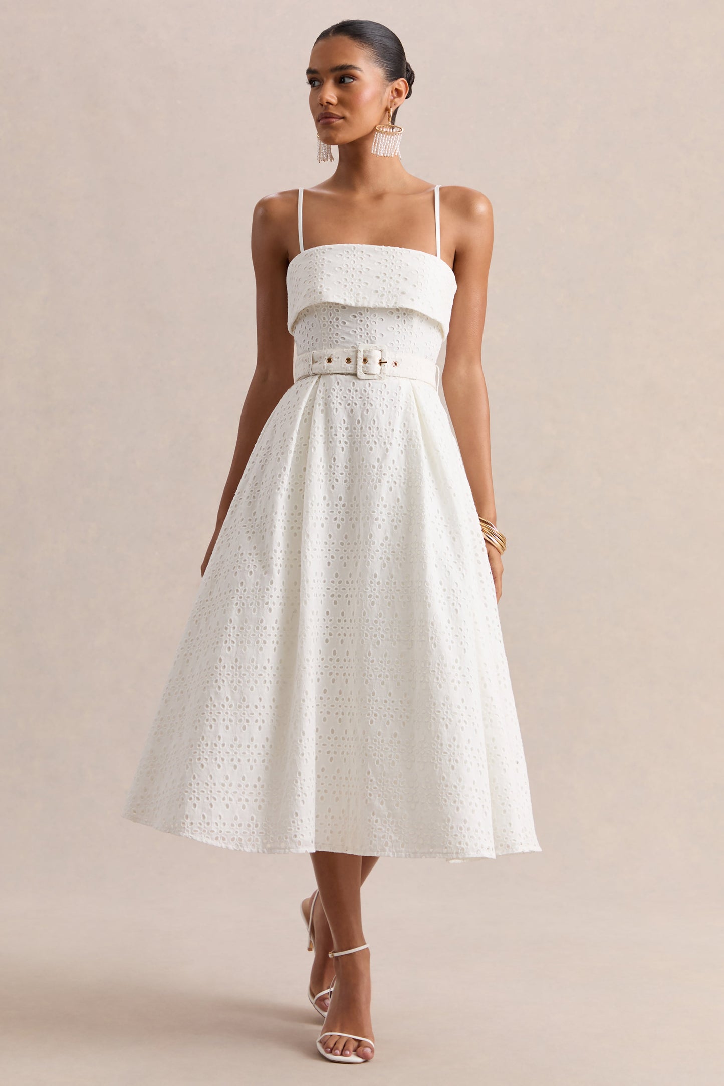 Zoeva | Cream Broderie Square-Neck Belted Midi Dress