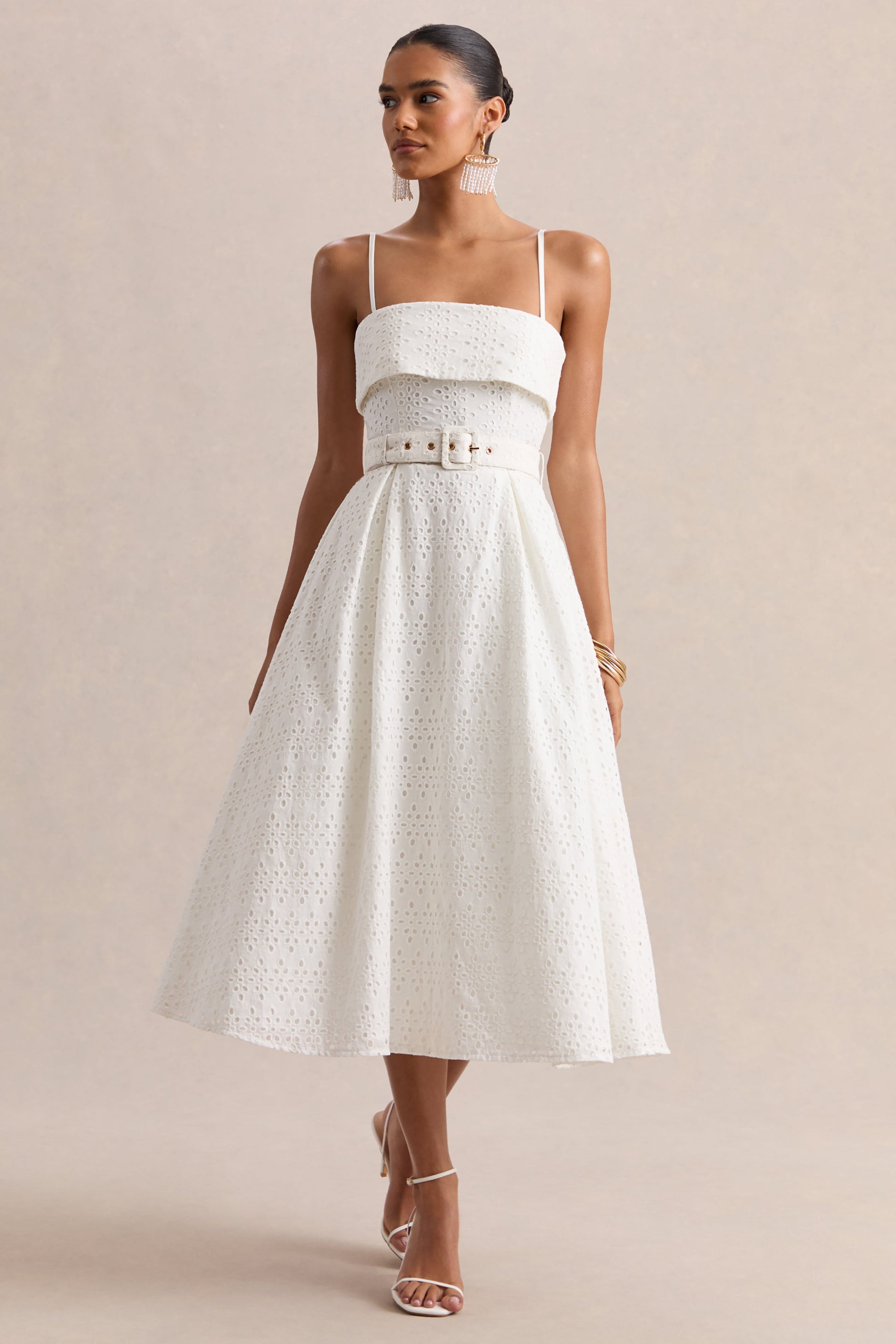 Zoeva | Cream Broderie Square-Neck Belted Midi Dress