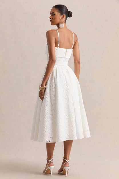 Zoeva | Cream Broderie Square-Neck Belted Midi Dress