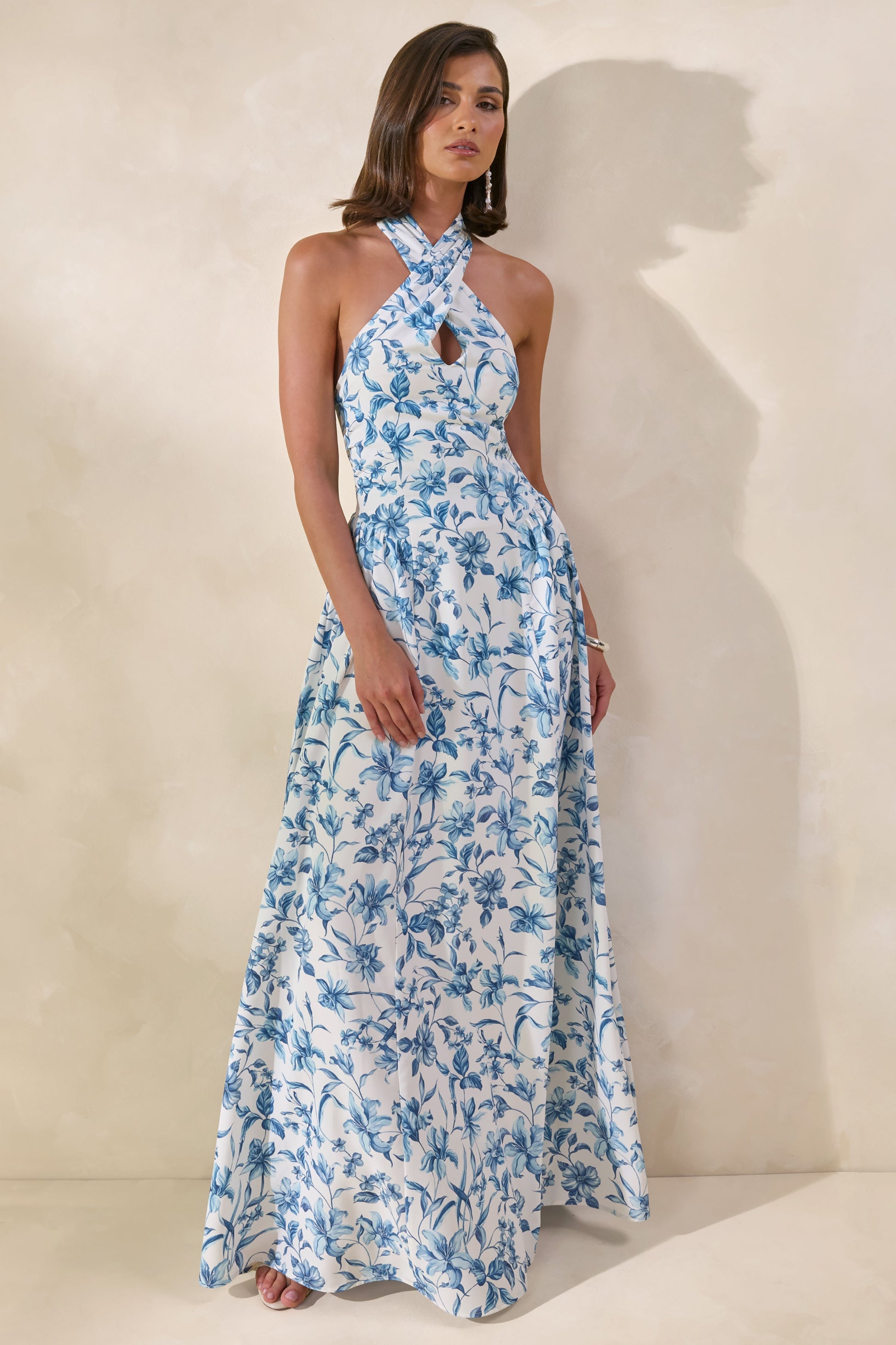 Liana | Blue Porcelain Print Halter-Neck Maxi Dress