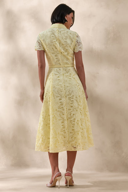 Zalie | Yellow Lace High-Neck Belted Midi Dress
