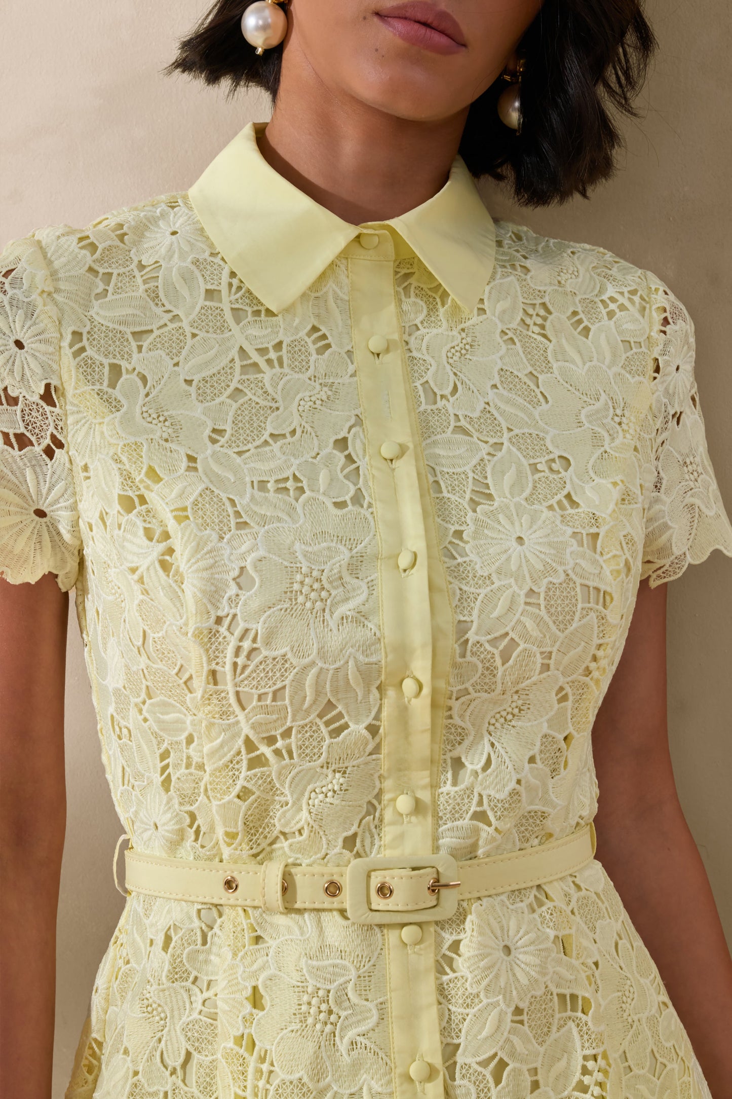 Zalie | Yellow Lace High-Neck Belted Midi Dress