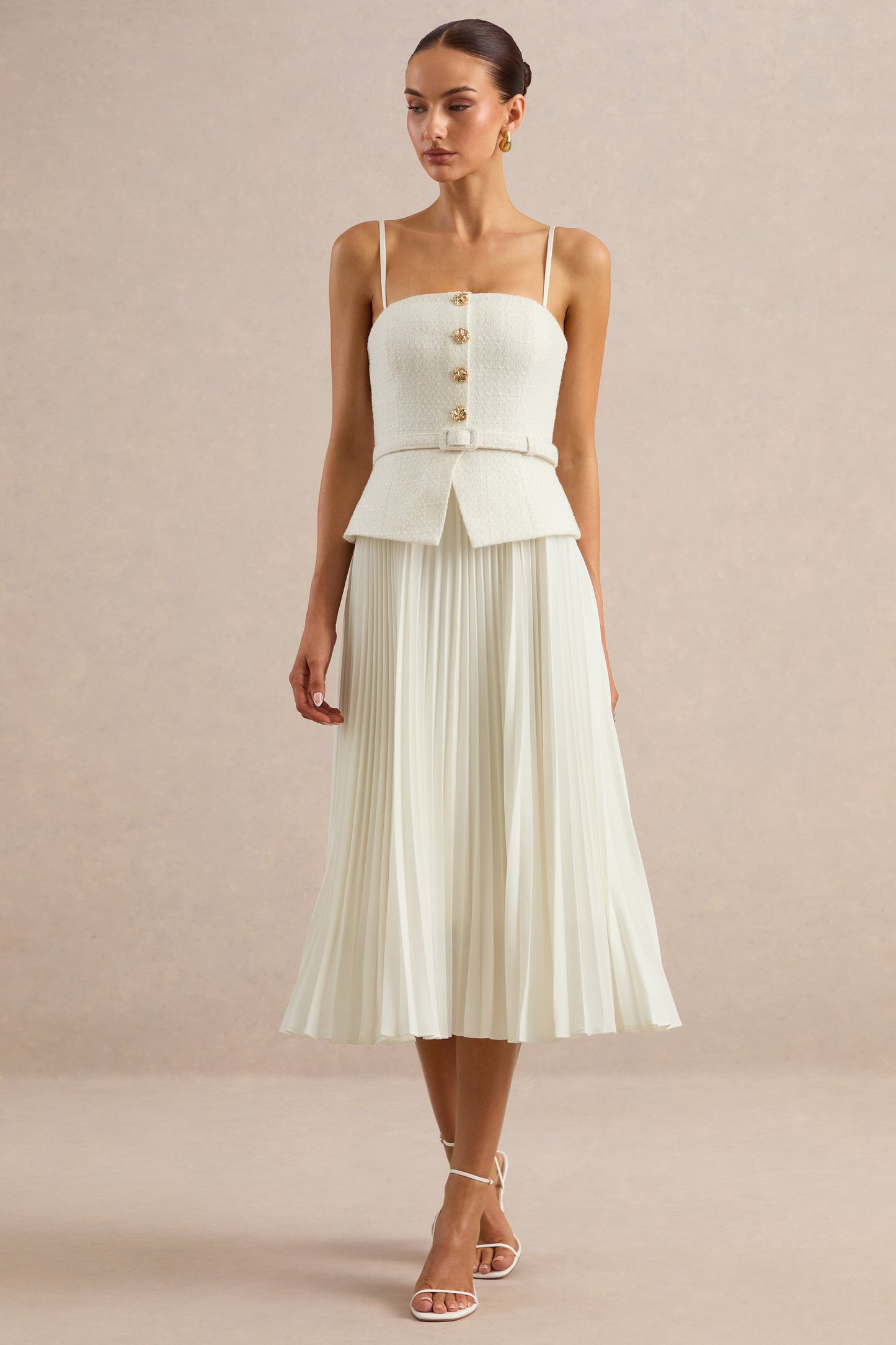 Lizzy | Cream Square-Neck Midi Dress With Pleated-Skirt
