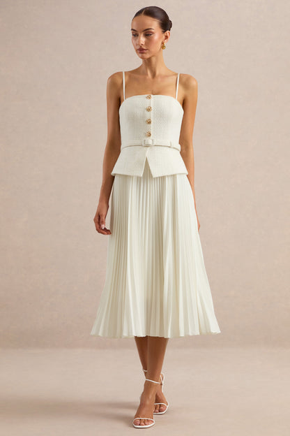 Lizzy | Cream Square-Neck Midi Dress With Pleated-Skirt