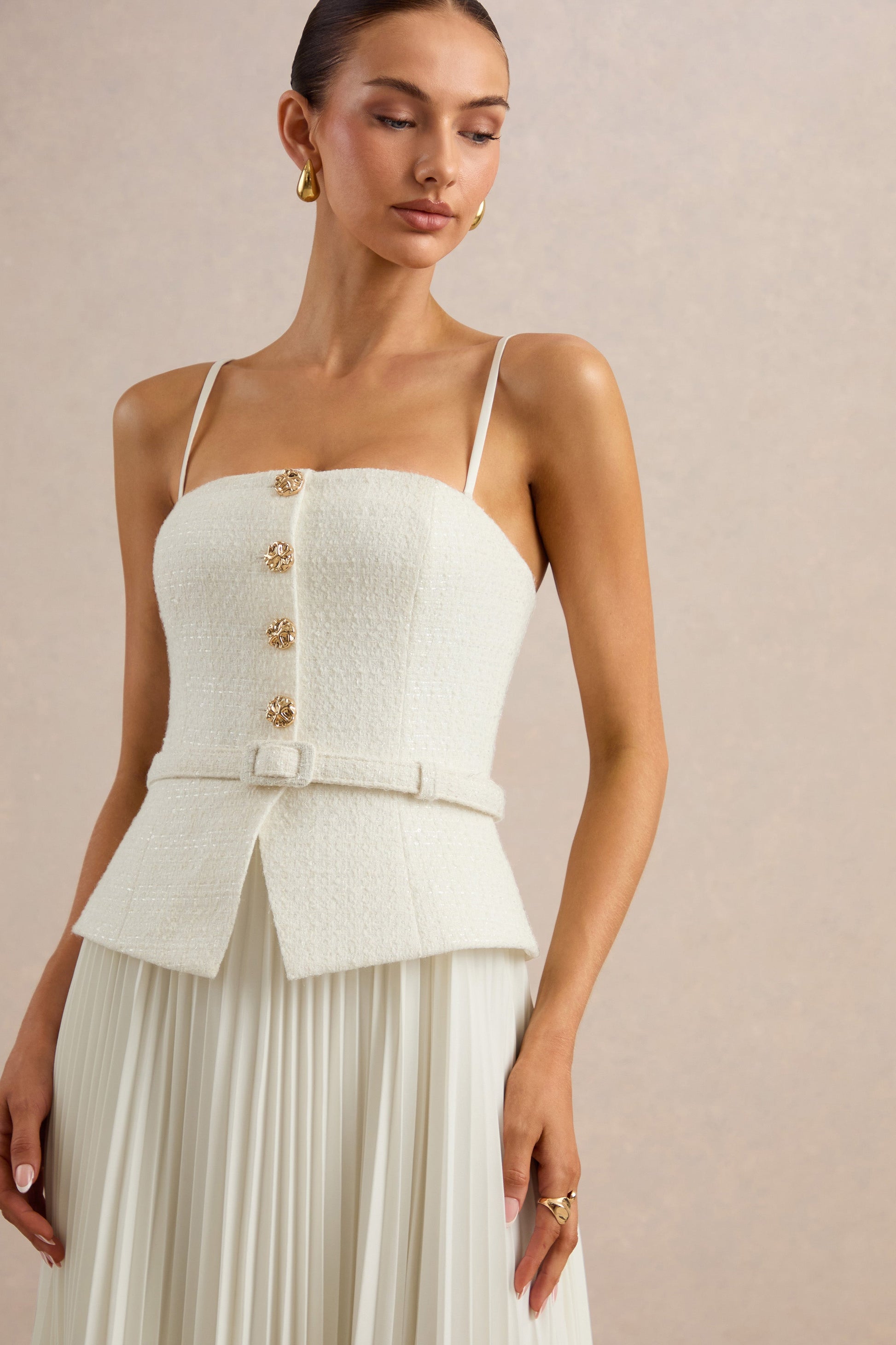Lizzy | Cream Square-Neck Midi Dress With Pleated-Skirt