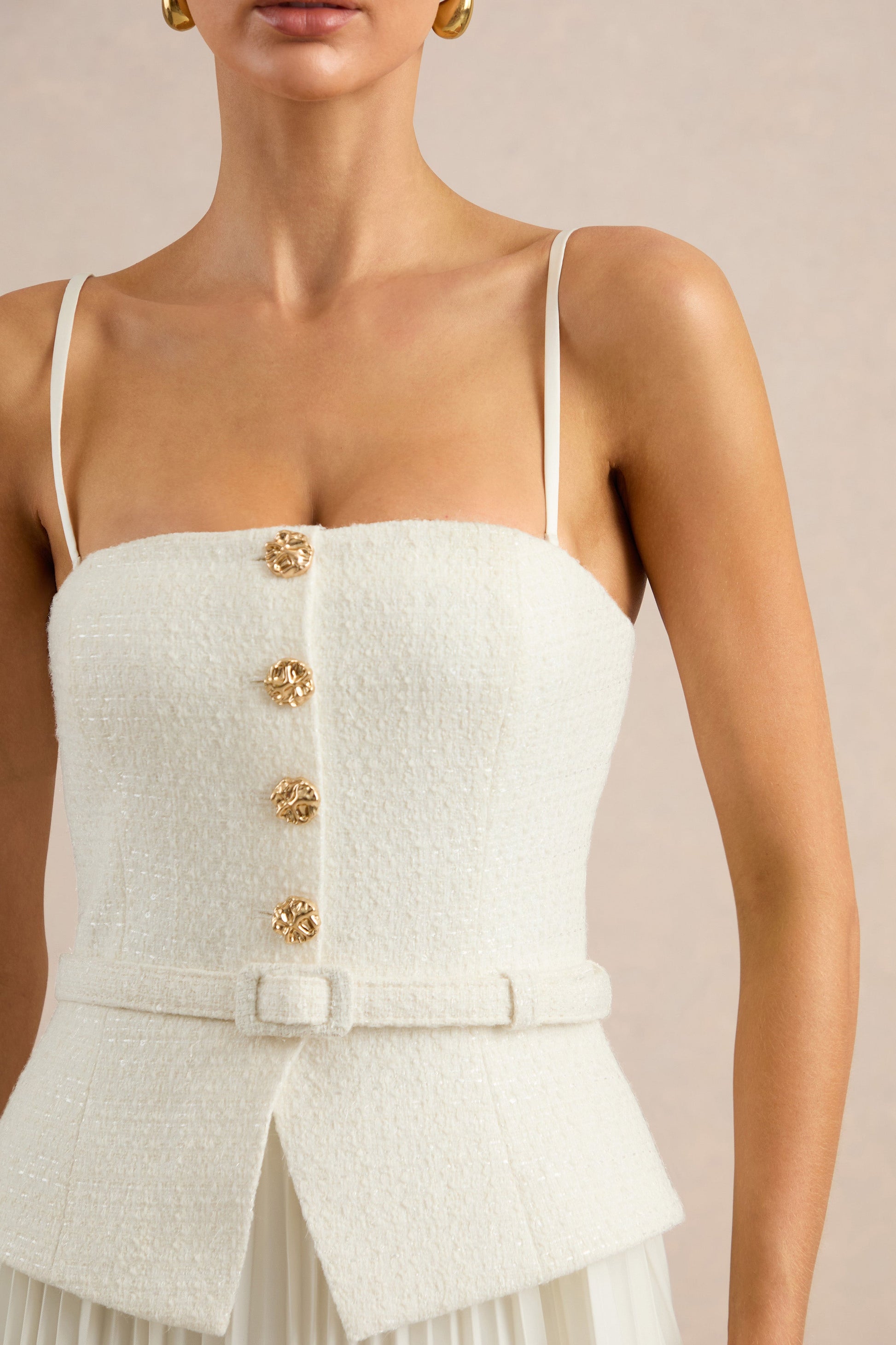 Lizzy | Cream Square-Neck Midi Dress With Pleated-Skirt