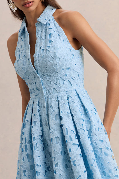 Milly | Powder Blue Lace Halter-Neck Mini Dress