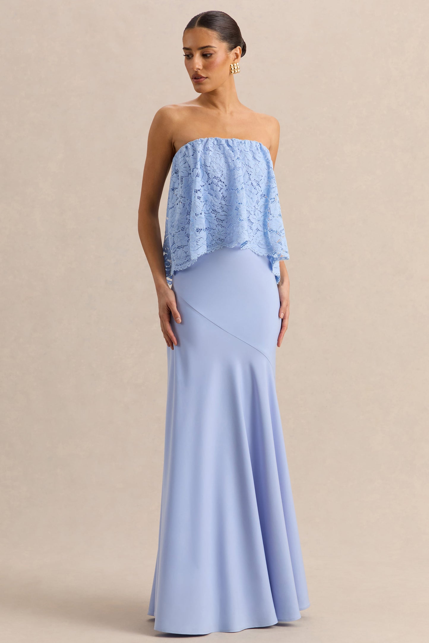 Clemency | Powder Blue Lace And Matte Satin Bandeau Maxi Dress