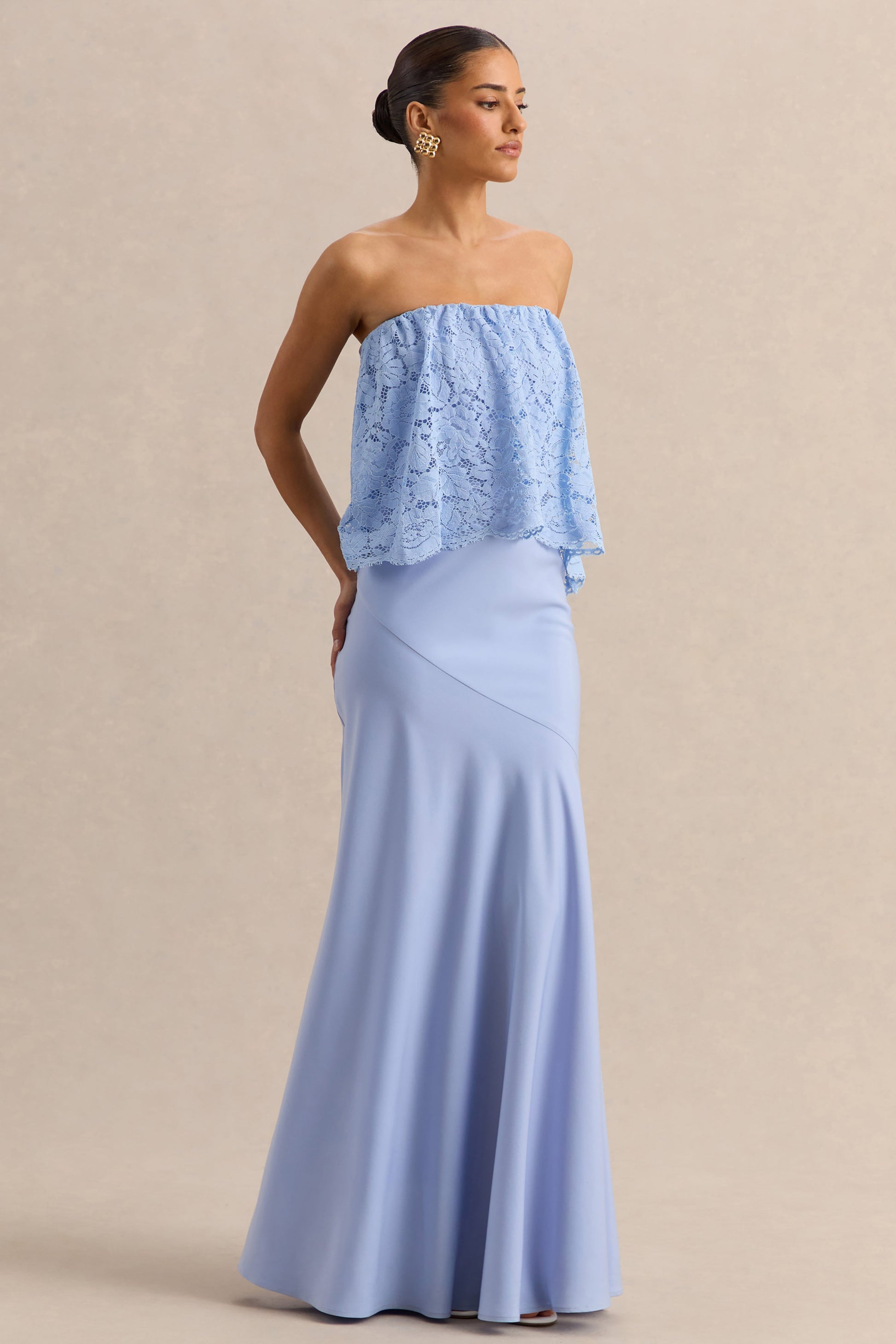 Clemency | Powder Blue Lace And Matte Satin Bandeau Maxi Dress
