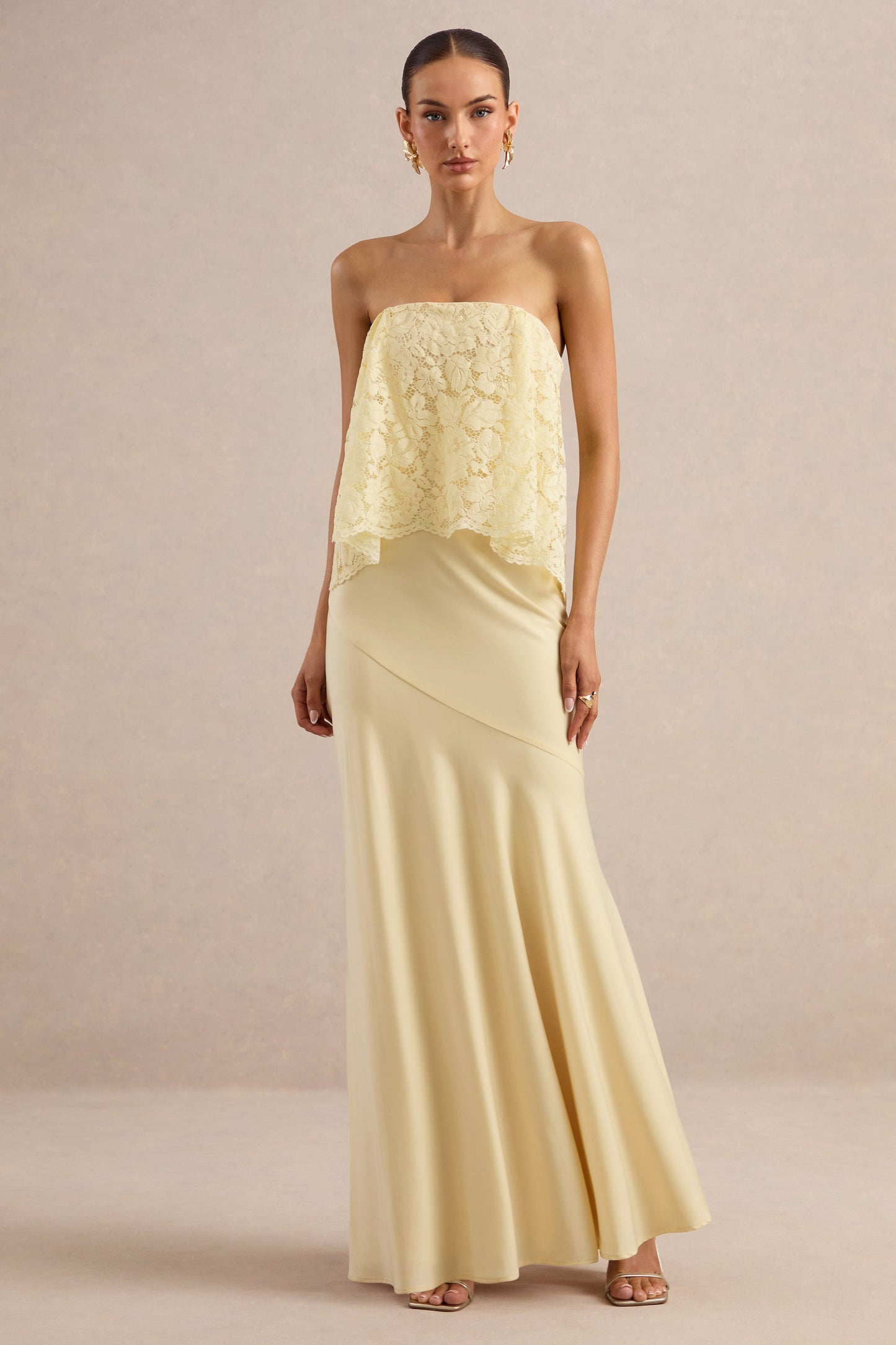 Clemency | Lemon Lace And Matte Satin Bandeau Maxi Dress