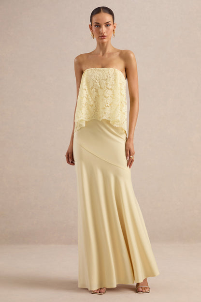 Clemency | Lemon Lace And Matte Satin Bandeau Maxi Dress