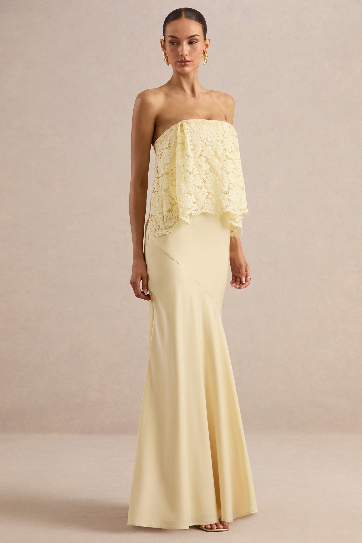 Clemency | Lemon Lace And Matte Satin Bandeau Maxi Dress