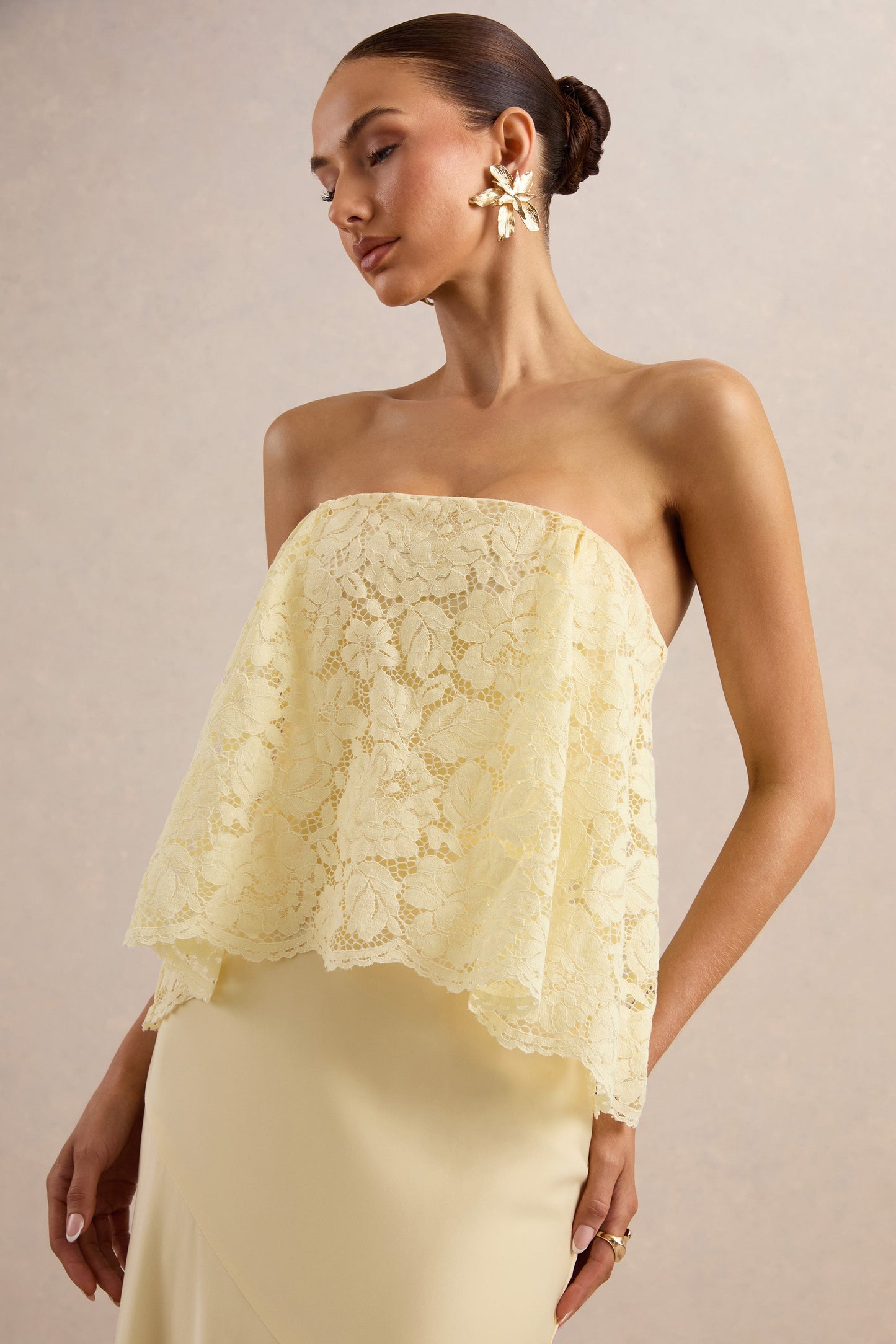 Clemency | Lemon Lace And Matte Satin Bandeau Maxi Dress