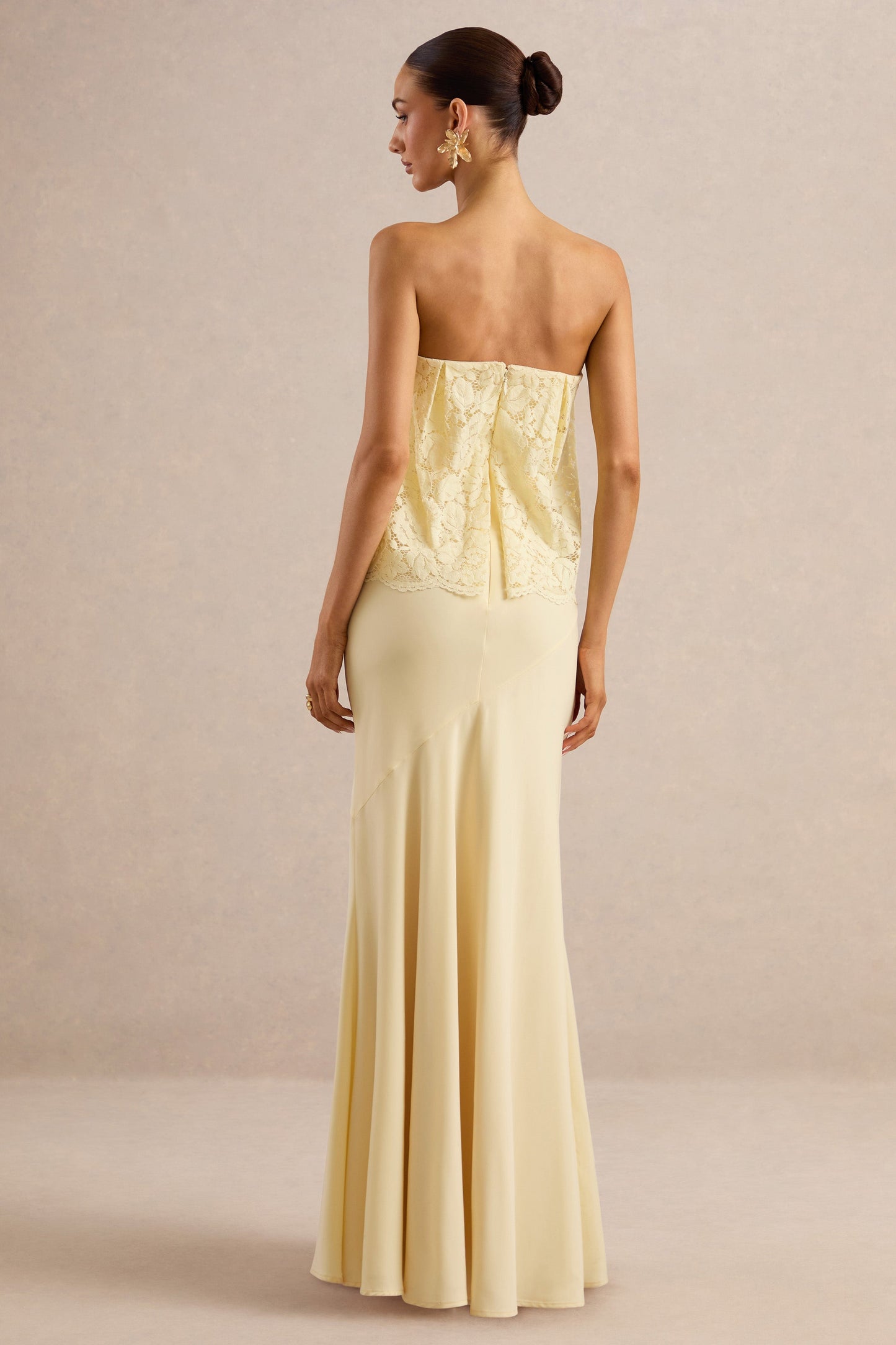 Clemency | Lemon Lace And Matte Satin Bandeau Maxi Dress
