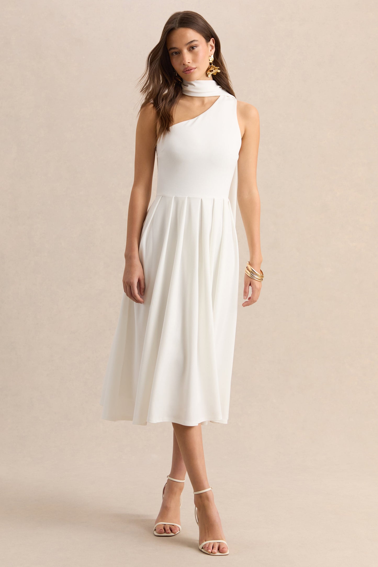 Odette | White Asymmetric-Neck Midi Dress With Scarf
