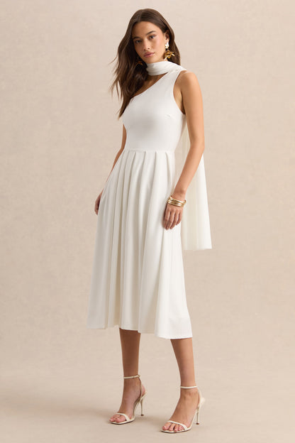 Odette | White Asymmetric-Neck Midi Dress With Scarf