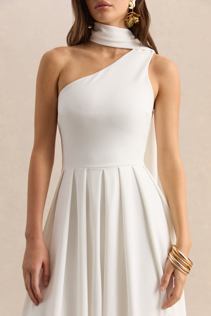 Odette | White Asymmetric-Neck Midi Dress With Scarf