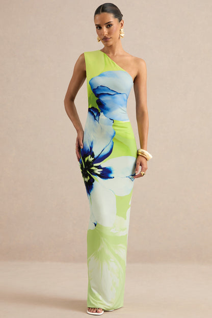 Niya | Lime And Blue Floral Placement Print Asymmetric-Neck Maxi Dress