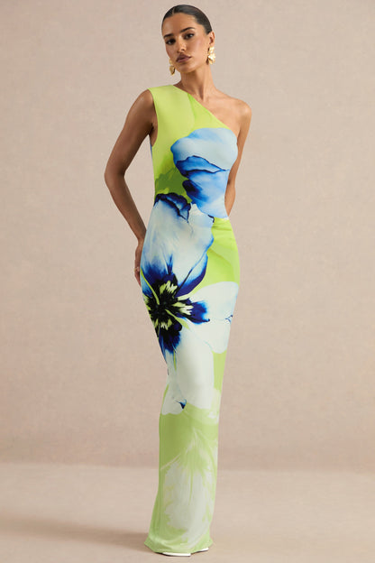 Niya | Lime And Blue Floral Placement Print Asymmetric-Neck Maxi Dress