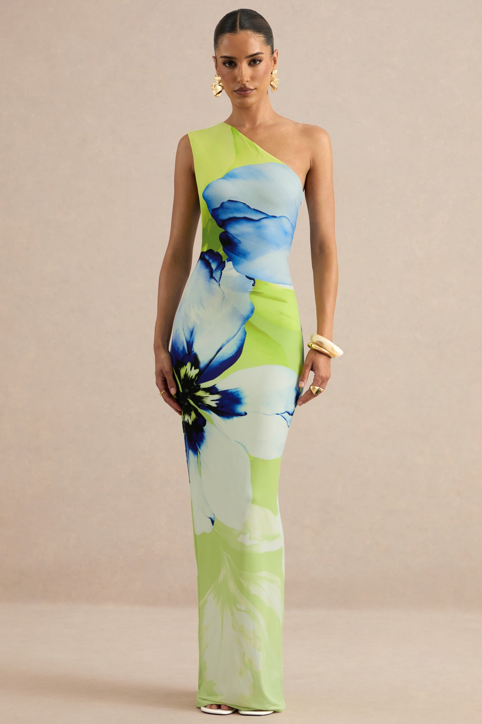 Niya | Lime And Blue Floral Placement Print Asymmetric-Neck Maxi Dress