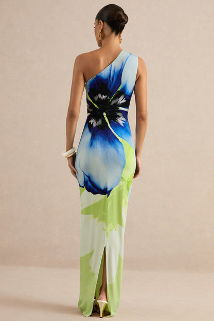 Niya | Lime And Blue Floral Placement Print Asymmetric-Neck Maxi Dress