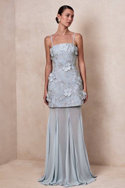 Nessa | Light Blue 3D Floral Square-Neck Maxi Dress With Sheer Skirt