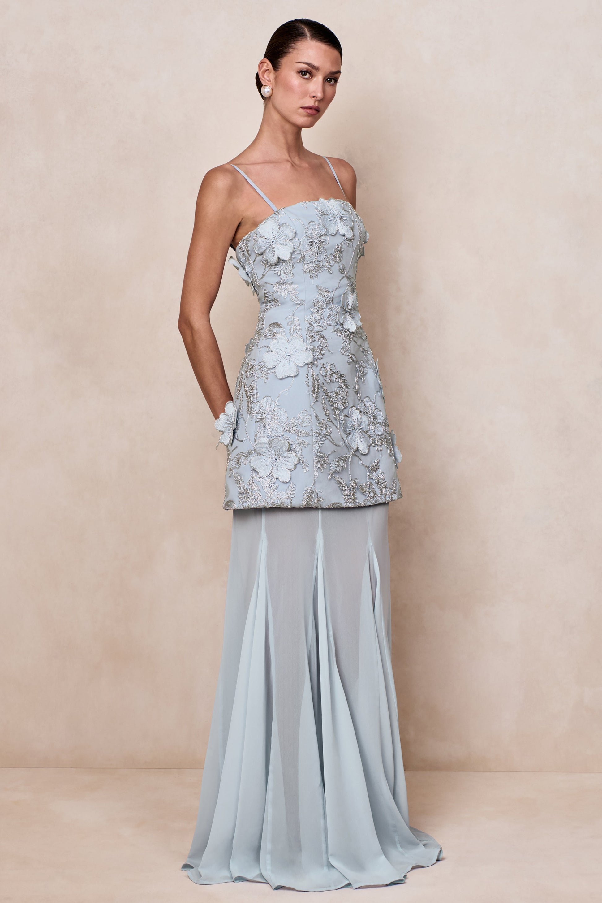 Nessa | Light Blue 3D Floral Square-Neck Maxi Dress With Sheer Skirt