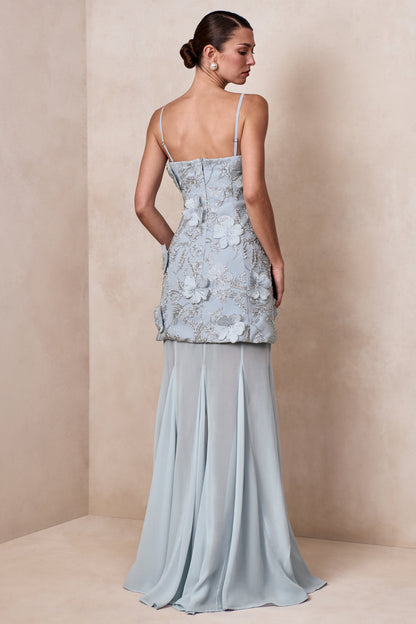 Nessa | Light Blue 3D Floral Square-Neck Maxi Dress With Sheer Skirt