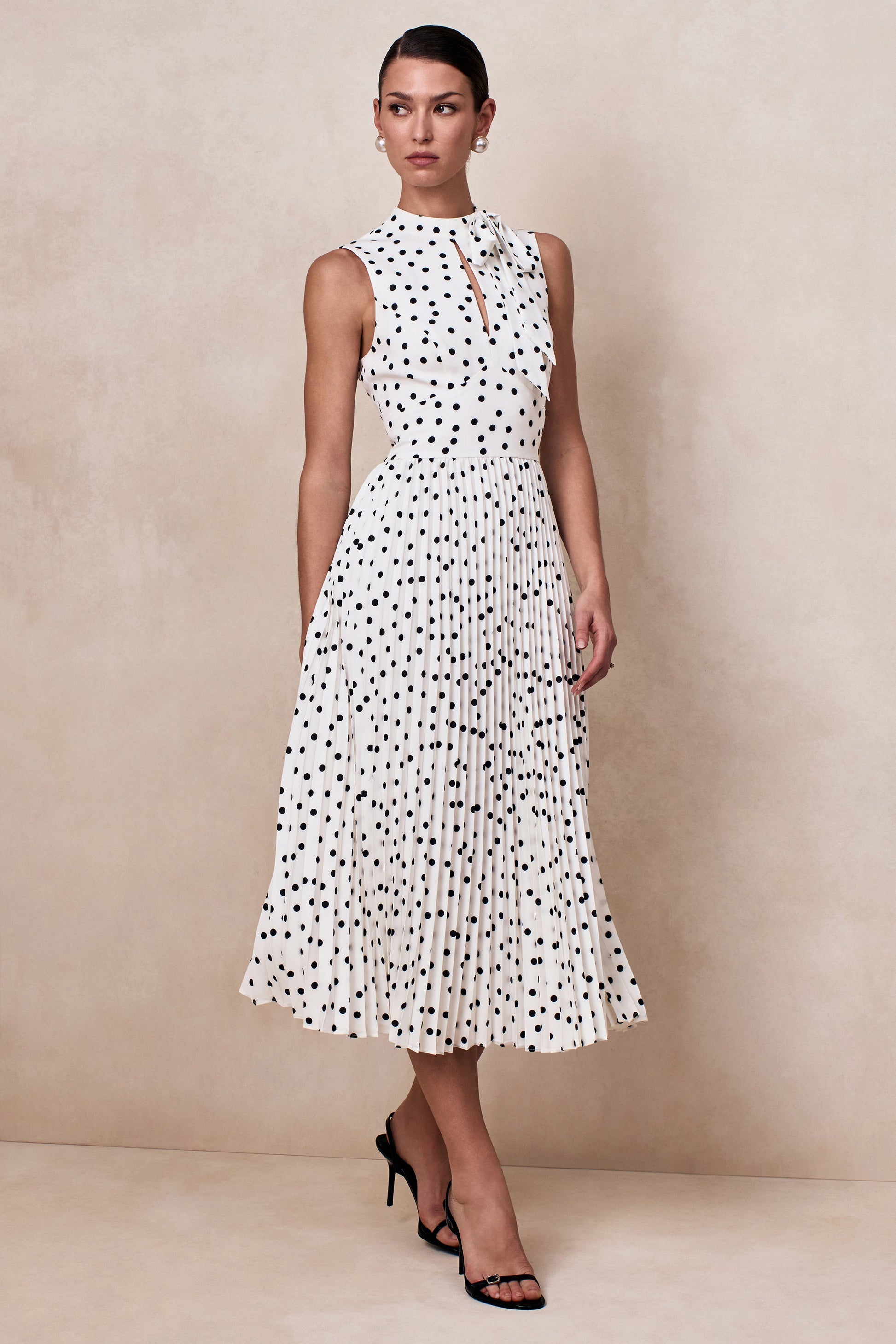 Avalon | White Polka Dot Scarf-Neck Midi Dress With Pleated Skirt