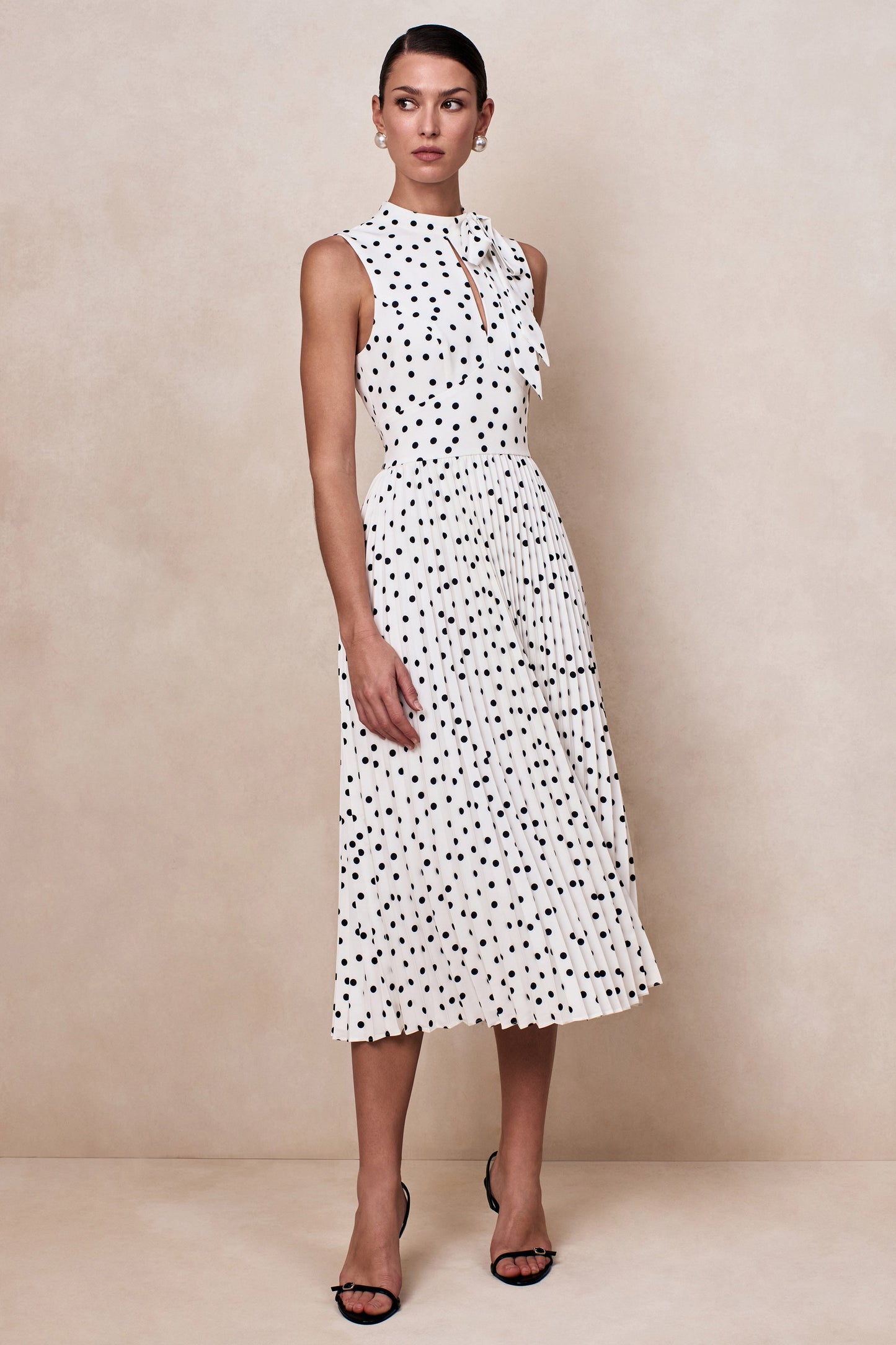 Avalon | White Polka Dot Scarf-Neck Midi Dress With Pleated Skirt