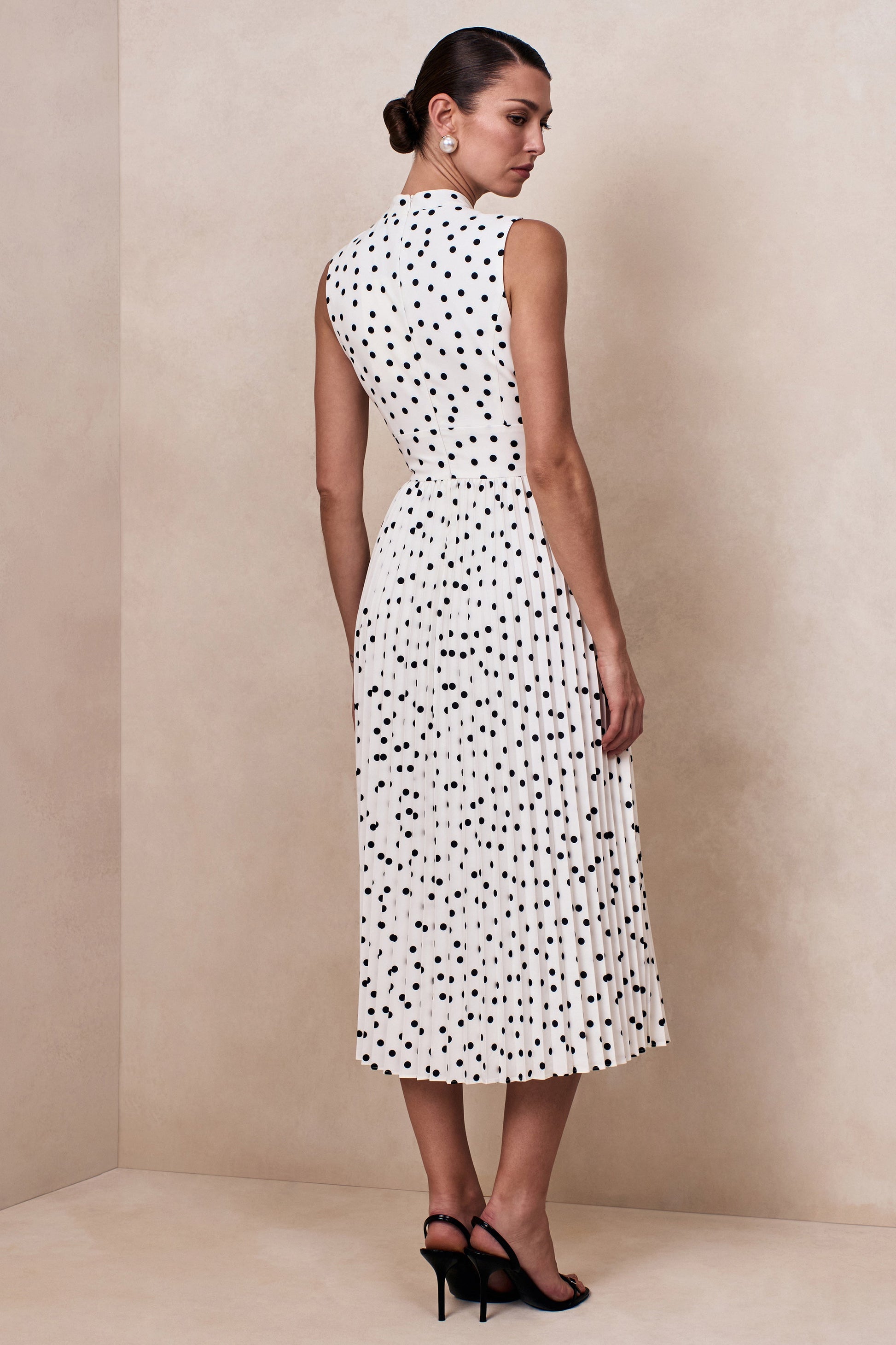 Avalon | White Polka Dot Scarf-Neck Midi Dress With Pleated Skirt