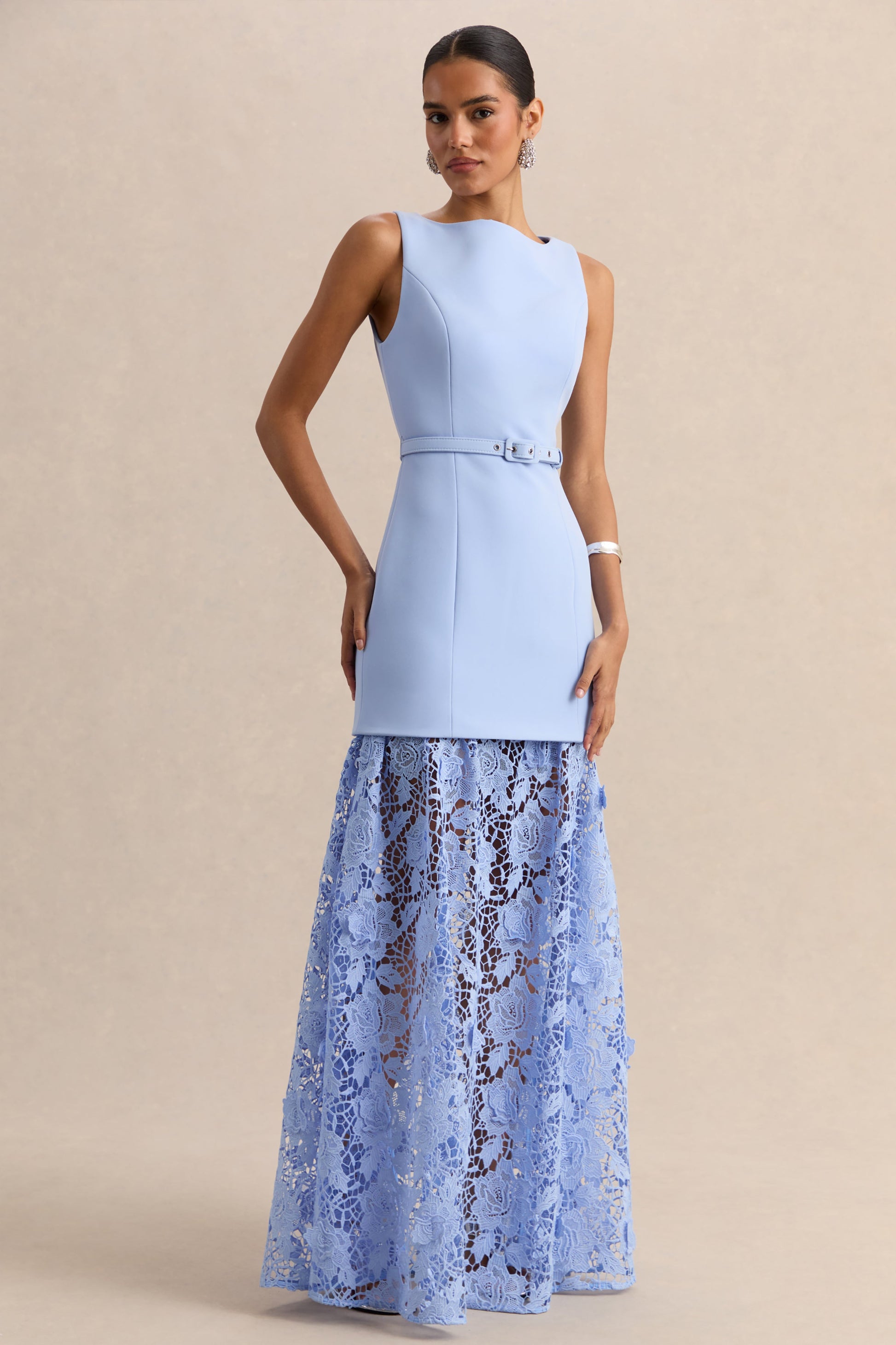 Verena | Powder Blue Boat-Neck Belted Maxi Dress With Lace Skirt