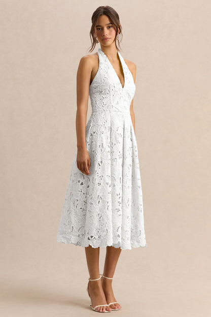 Maribel | White Lace Plunge-Neck Midi Dress