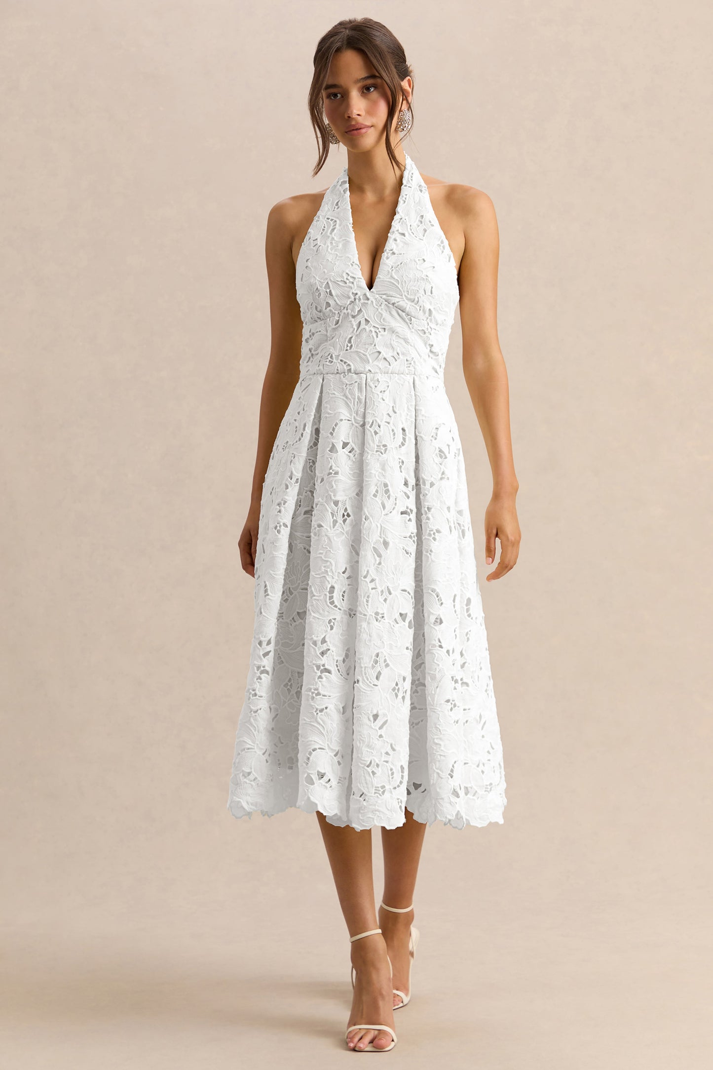 Maribel | White Lace Plunge-Neck Midi Dress