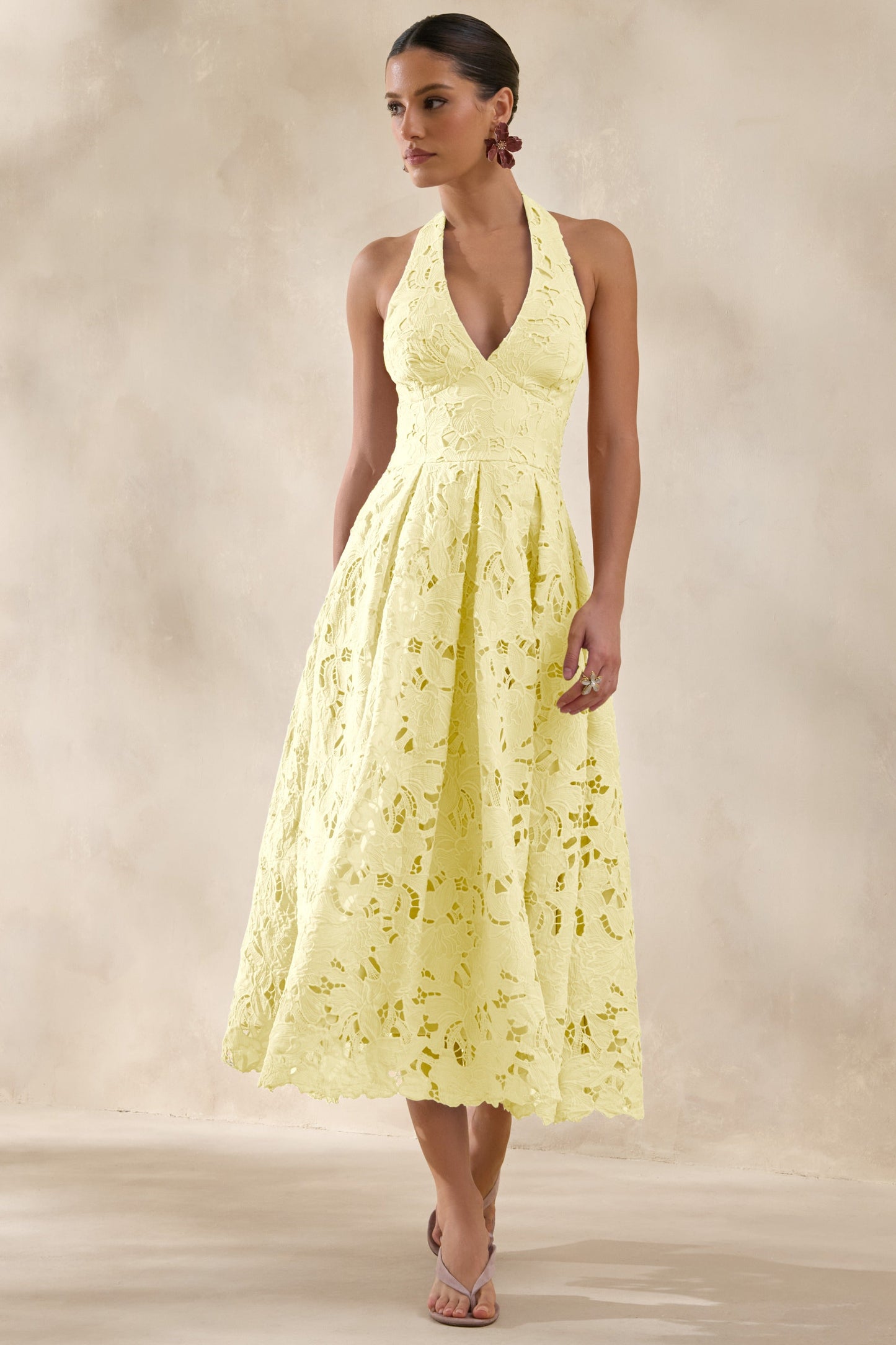 Maribel | Lemon Lace Plunge-Neck Midi Dress