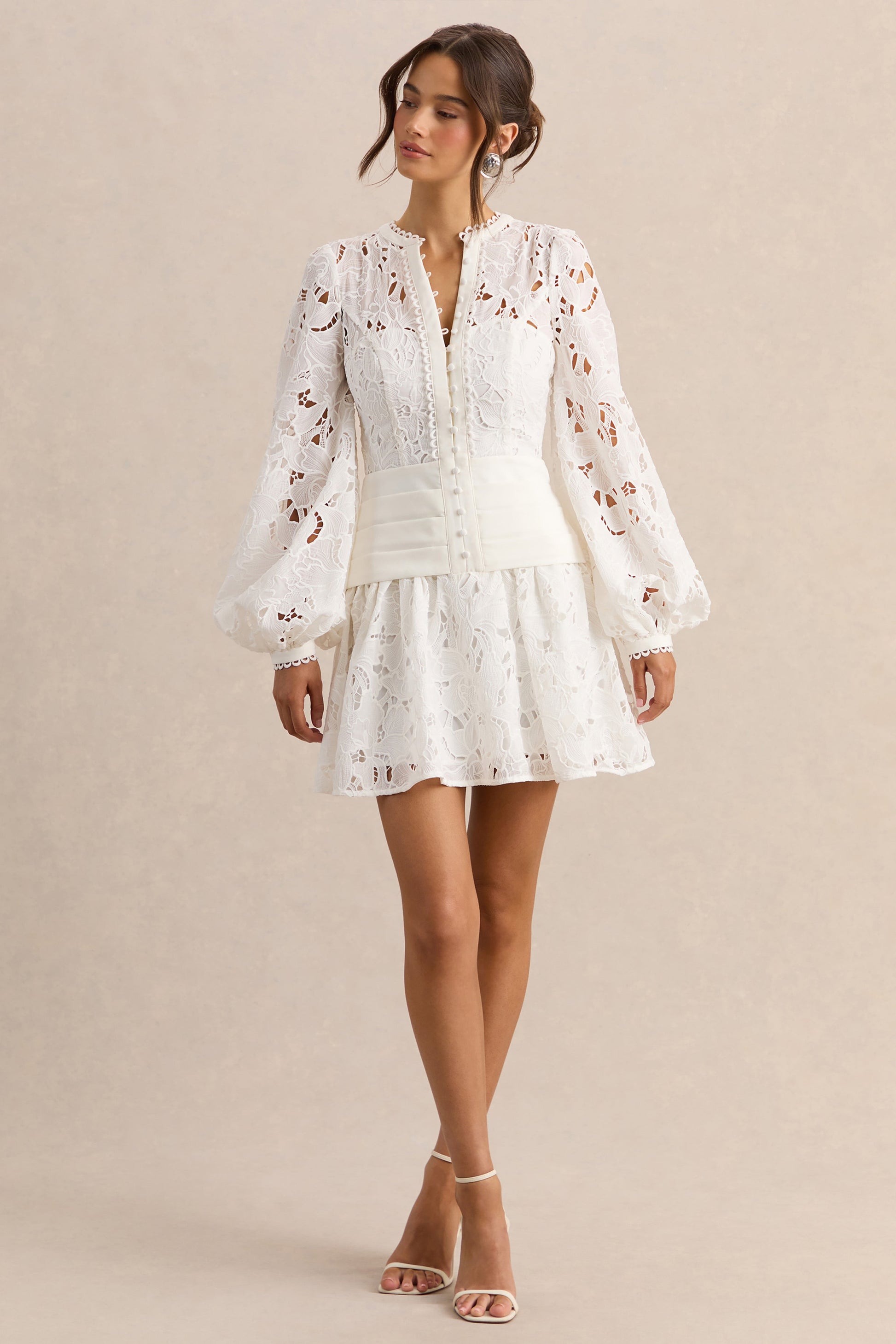 Helena | White V-Neck Mini Dress With Puff-Sleeves and Pleated Skirt