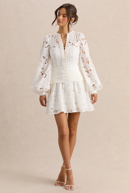 Helena | White V-Neck Mini Dress With Puff-Sleeves and Pleated Skirt