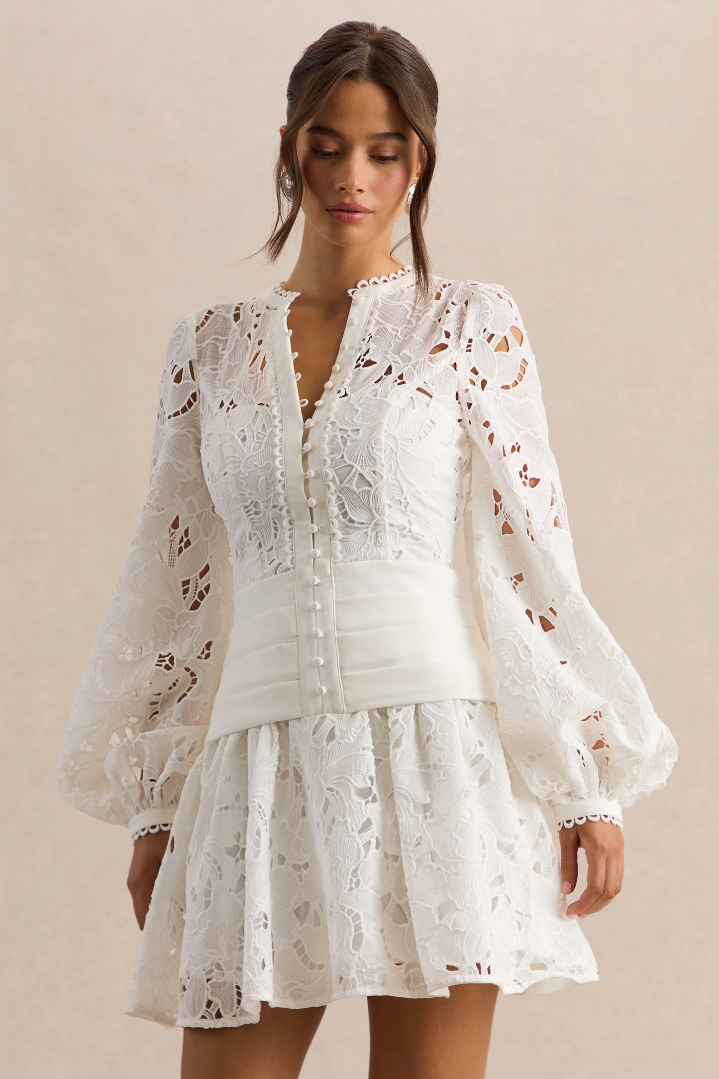 Helena | White V-Neck Mini Dress With Puff-Sleeves and Pleated Skirt