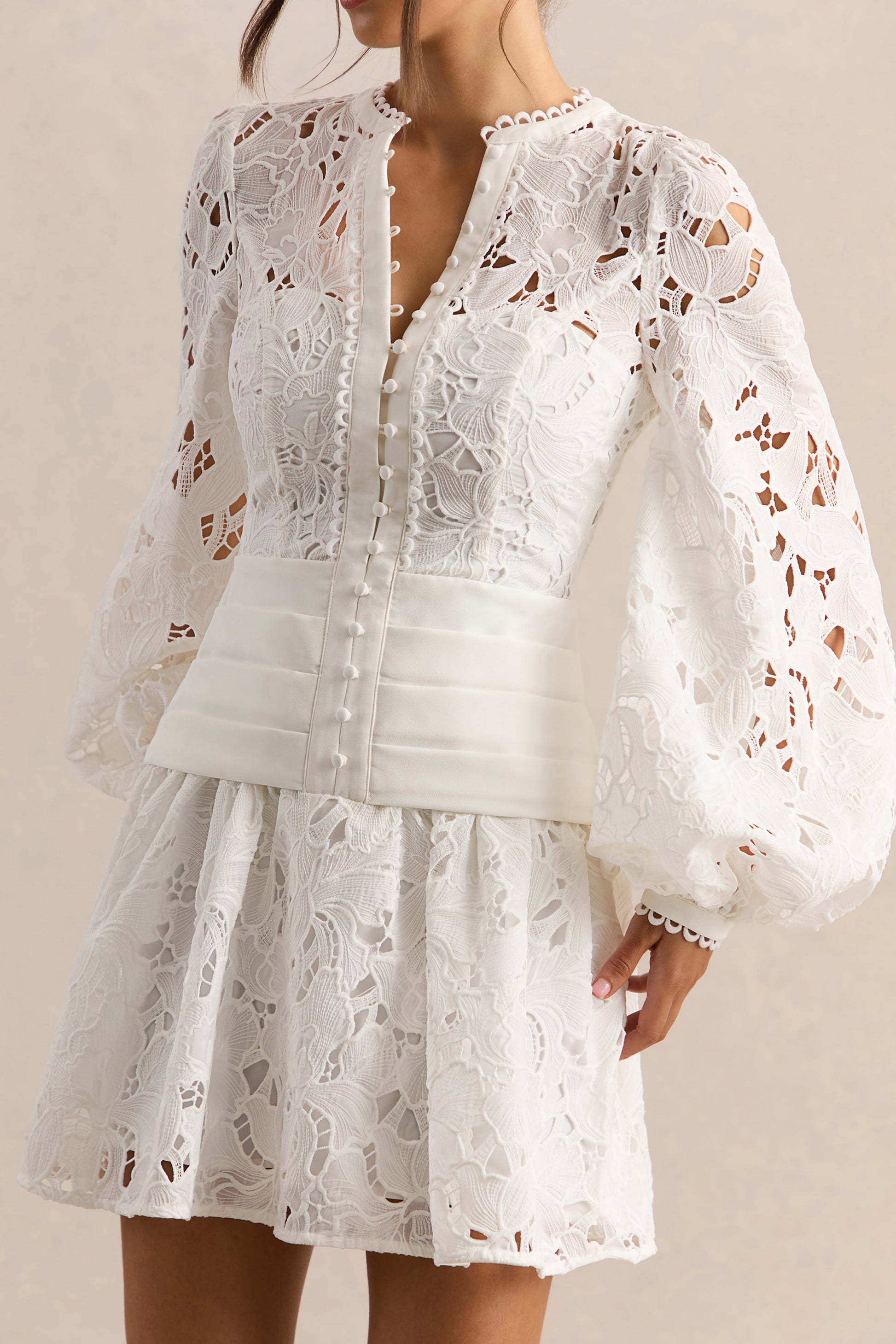 Helena | White V-Neck Mini Dress With Puff-Sleeves and Pleated Skirt