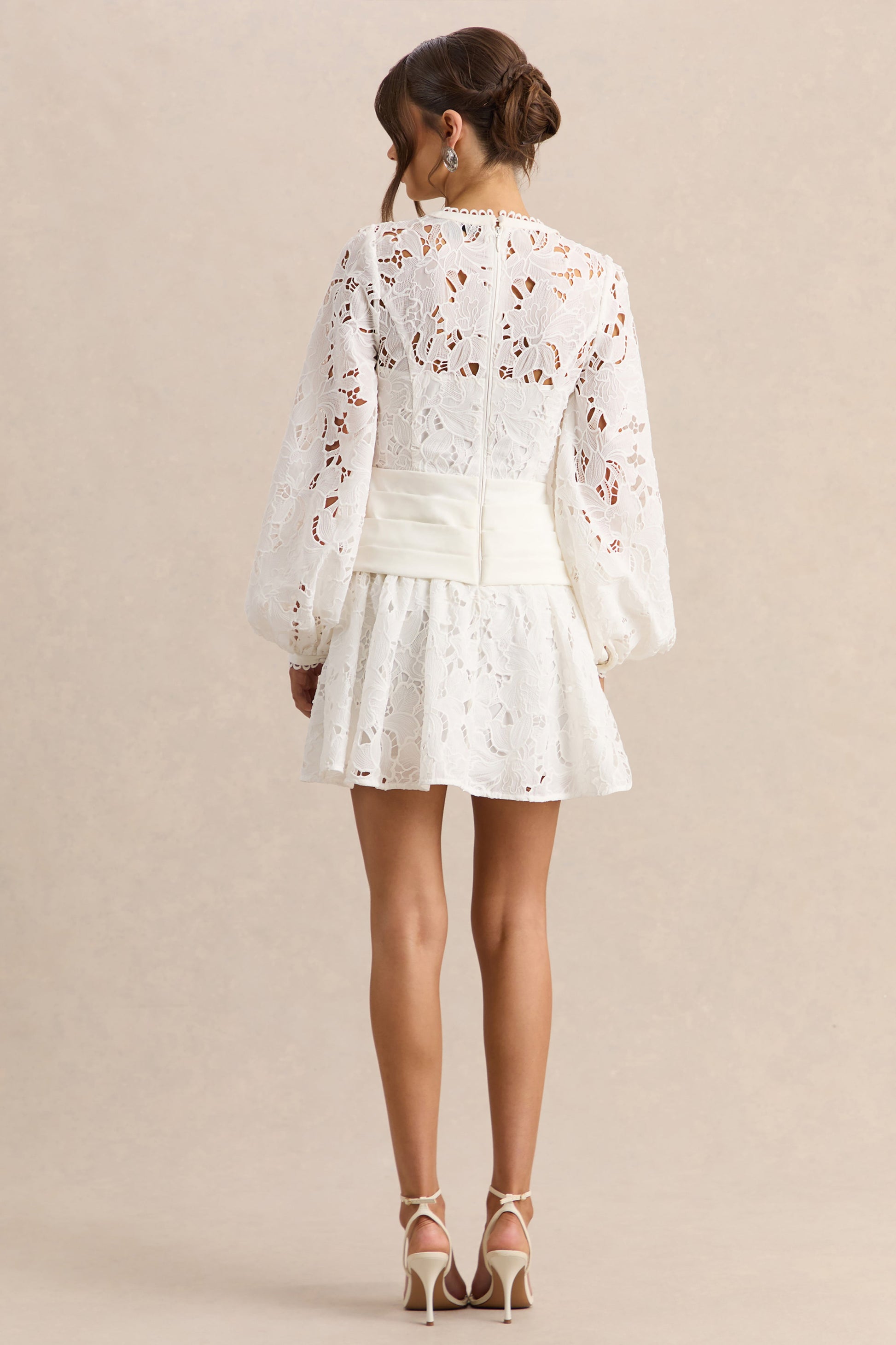 Helena | White V-Neck Mini Dress With Puff-Sleeves and Pleated Skirt