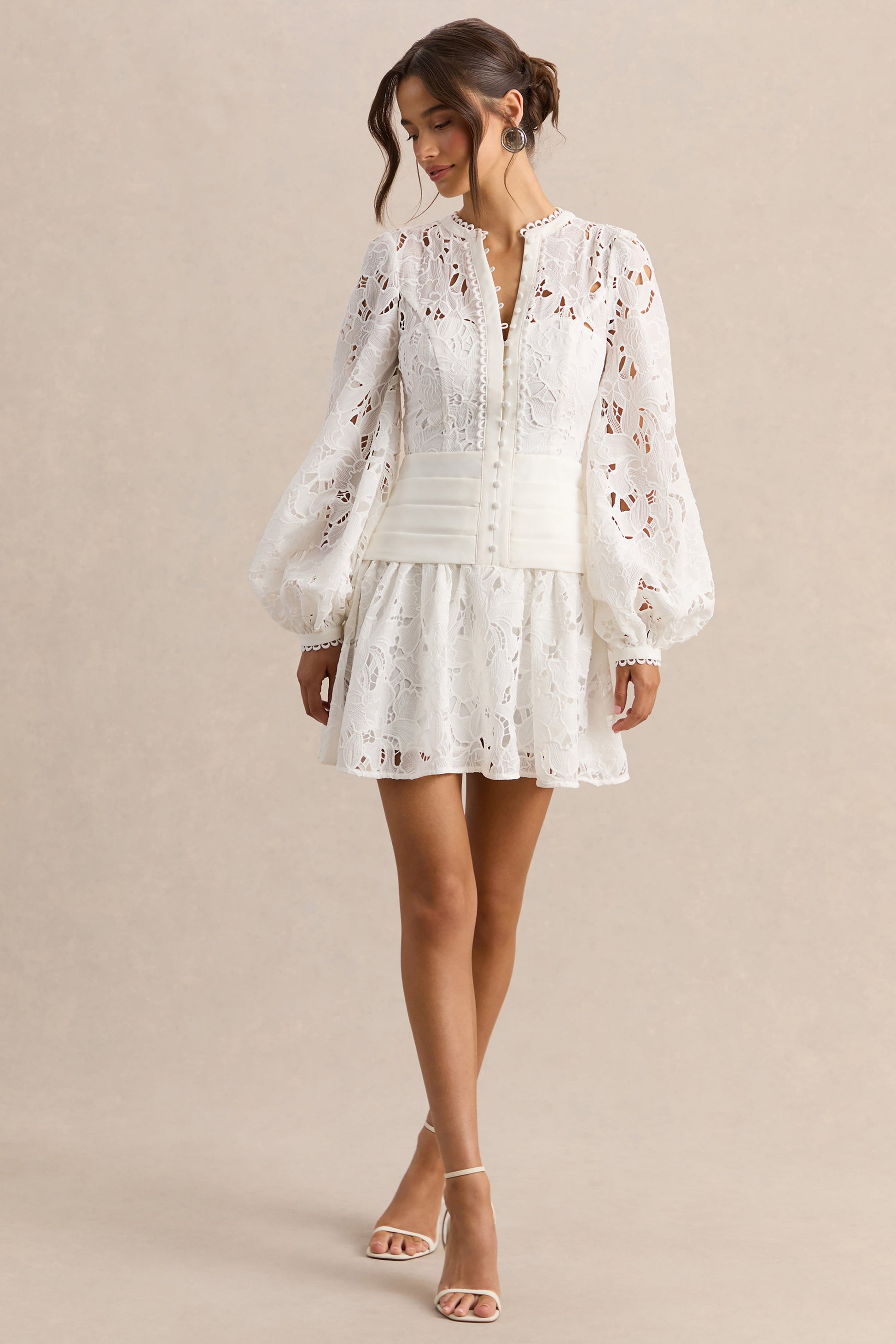 Helena | White V-Neck Mini Dress With Puff-Sleeves and Pleated Skirt