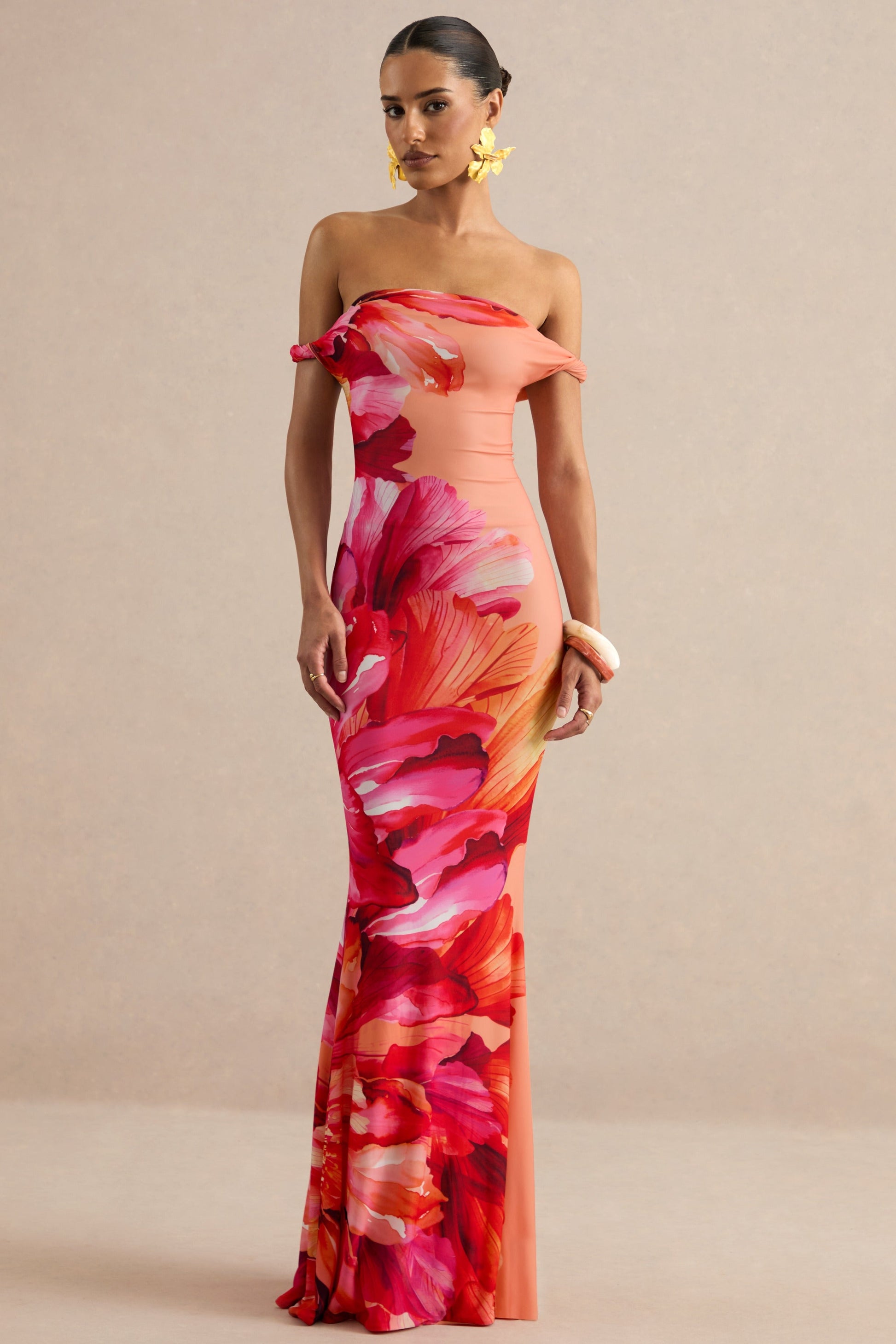Katia | Hot Pink Placement Floral Print Asymmetric-Neck Maxi Dress