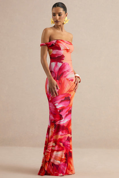 Katia | Hot Pink Placement Floral Print Asymmetric-Neck Maxi Dress