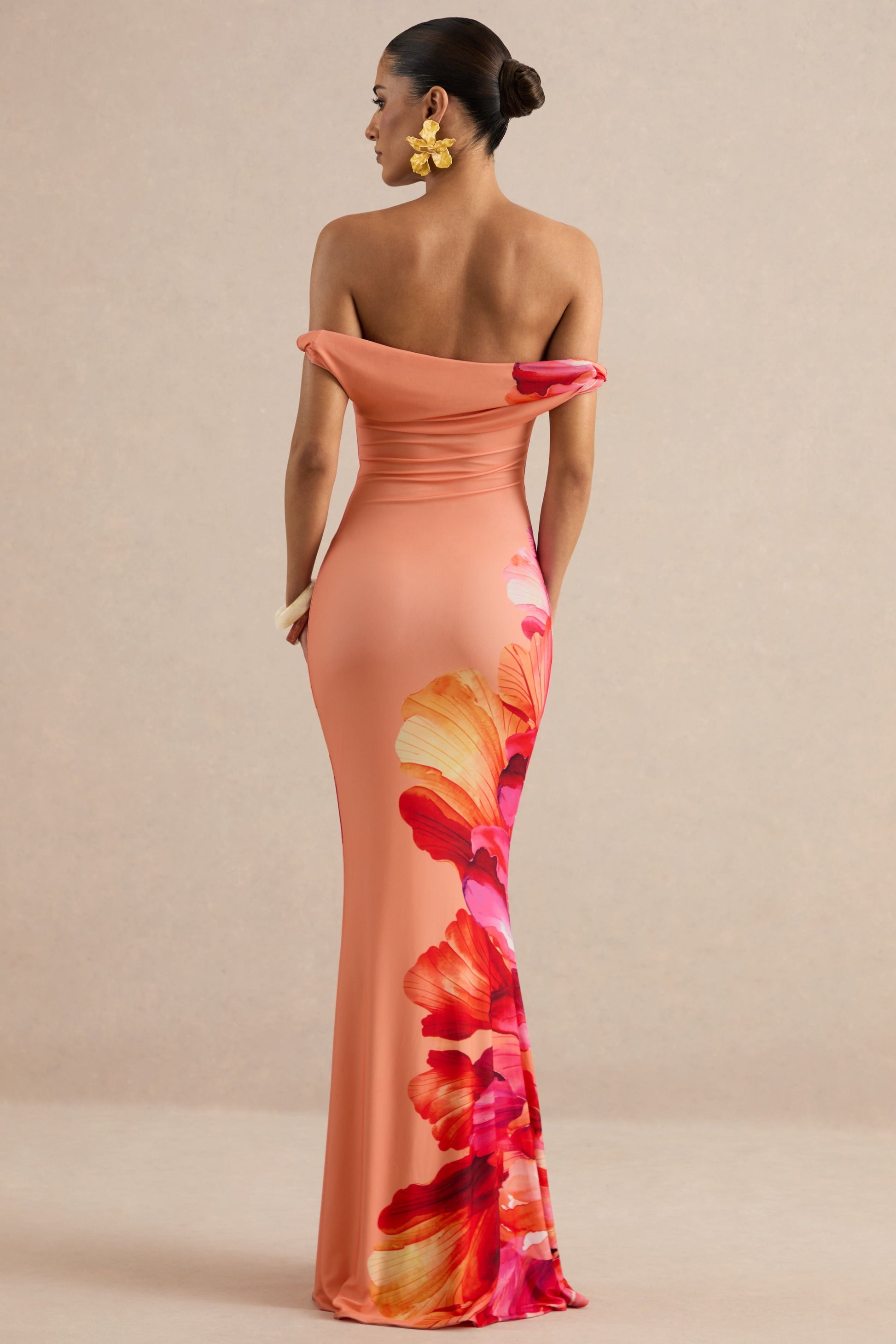 Katia | Hot Pink Placement Floral Print Asymmetric-Neck Maxi Dress