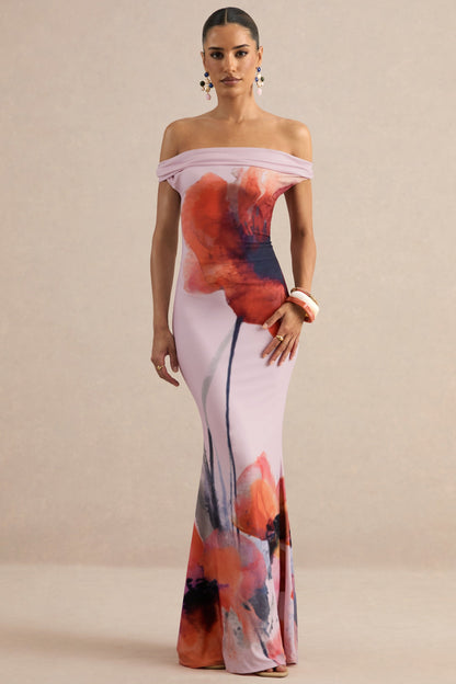 Katia | Pink Poppy Print Bardot-Neck Maxi Dress